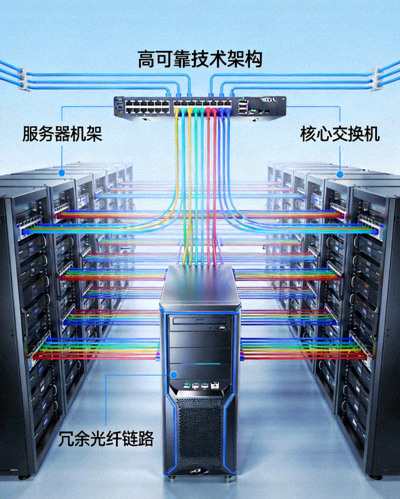 现代化数据中心服务器机架与网络连接示意图，象征高可靠技术架构